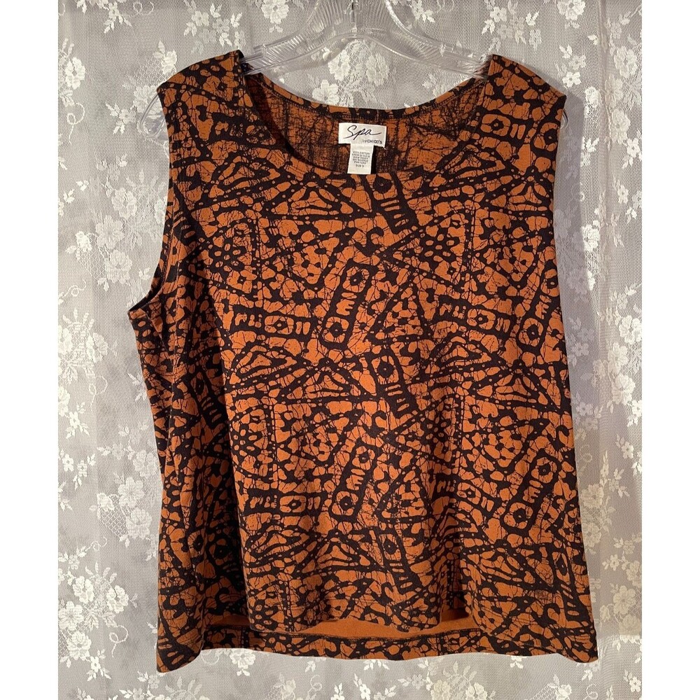 Chico's Vintage Y2K Orange Black Batik Print Cotton Sleeveless Boho Top Size XL